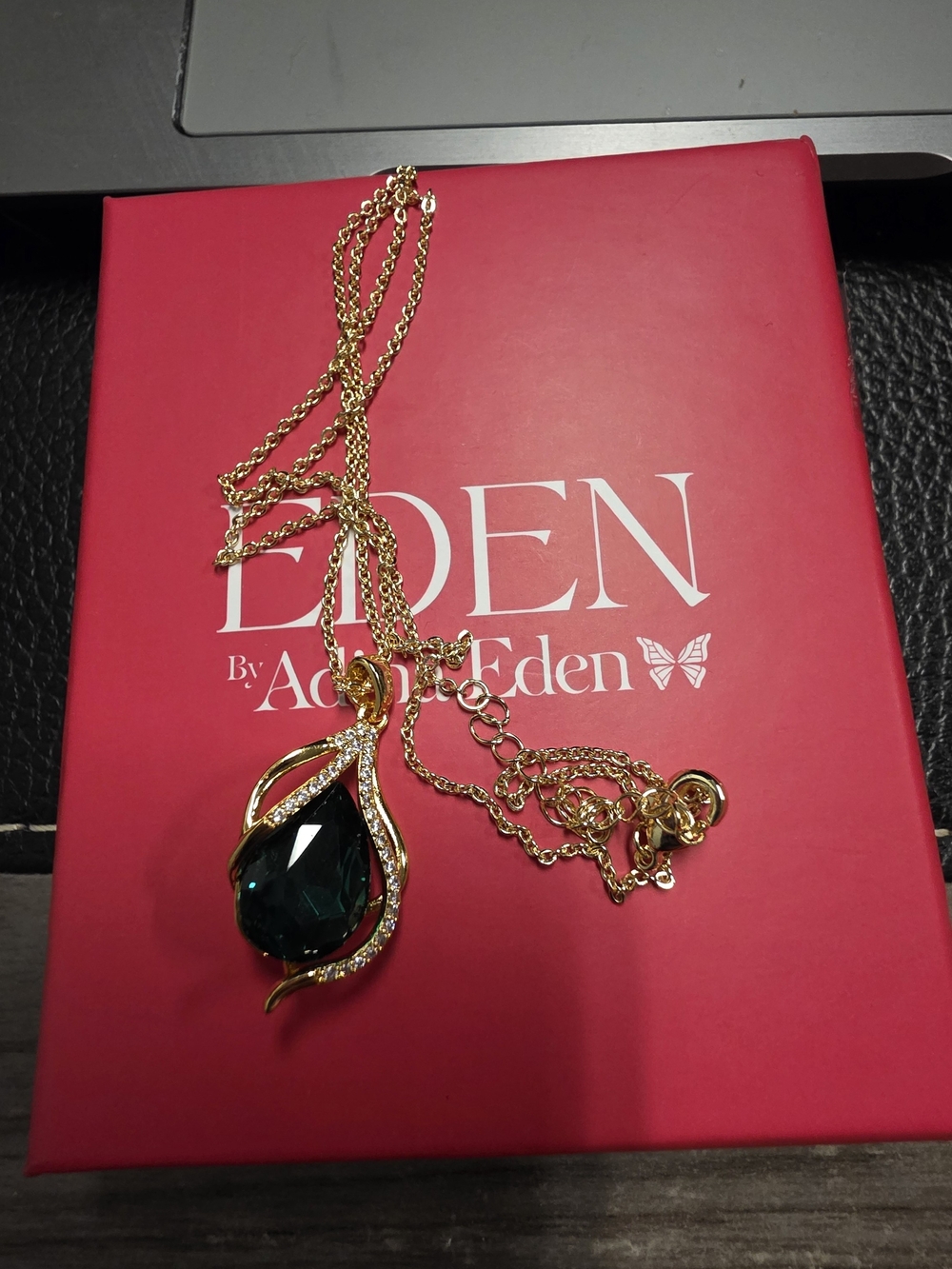 Adina Eden Emerald Green Pear Crystal Swirl Flame Pendant Necklace 14K Gold Pla